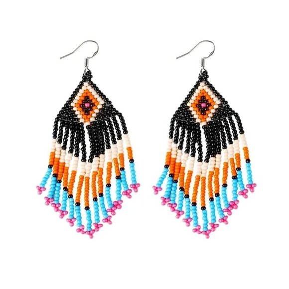 Beaded Aztec Southwestern Drop Earrings NEW - Picture 2 of 2